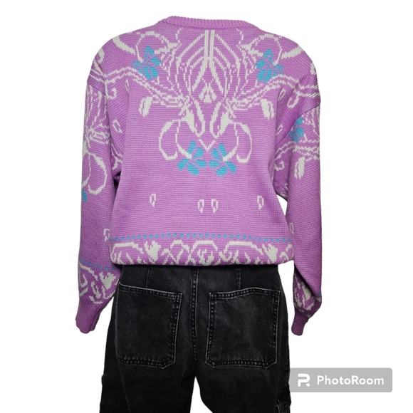 SGS Vintage 90's Ski Lilac & Teal Jaquard Print Crew Neck Woolblend Sweater Sz M - Picture 5 of 6
